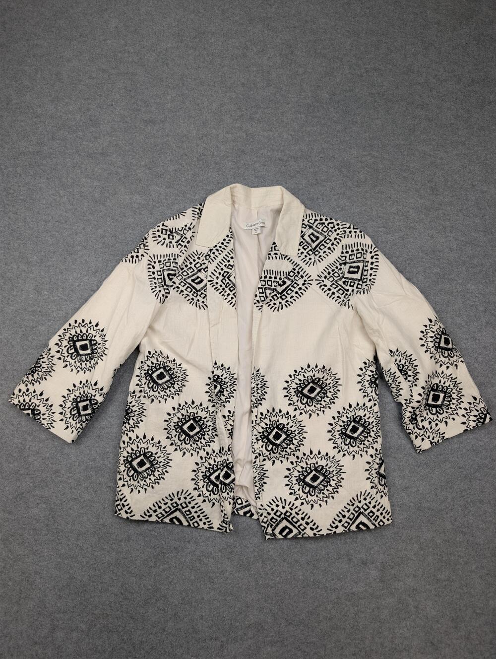 Coldwater Creek Jacket Womens 12 White Linen Blend Embroidered Open Boho Tribal